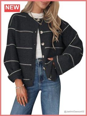 Striped Button Up Cardigan Long Sleeve Crewneck Fall Winter Womens Sweater